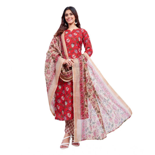 Red cotton blend kurti pant dupatta set for women — front view