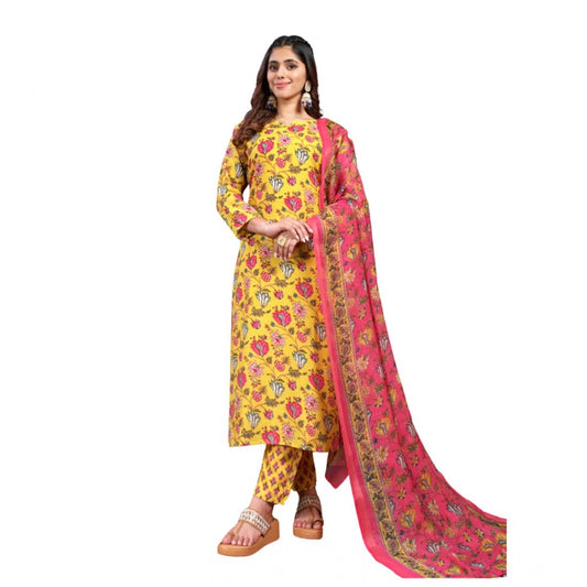 Yellow cotton blend kurti pant dupatta set for women — front view