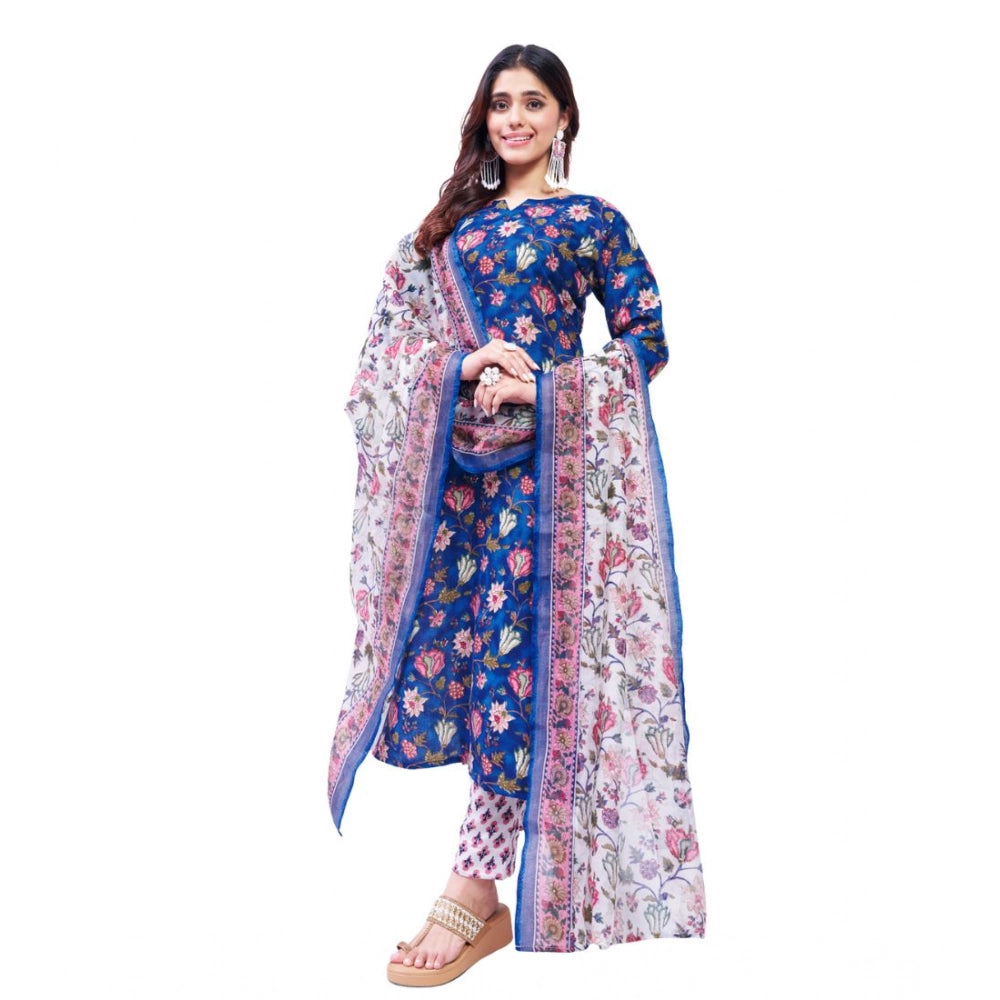 Blue cotton blend kurti pant dupatta set for women — front view