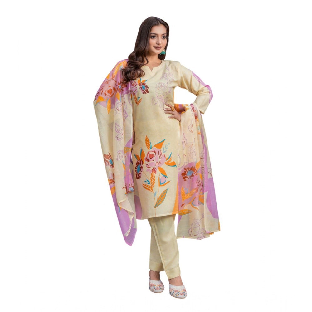 Cream cotton blend kurti pant dupatta set for women — front view