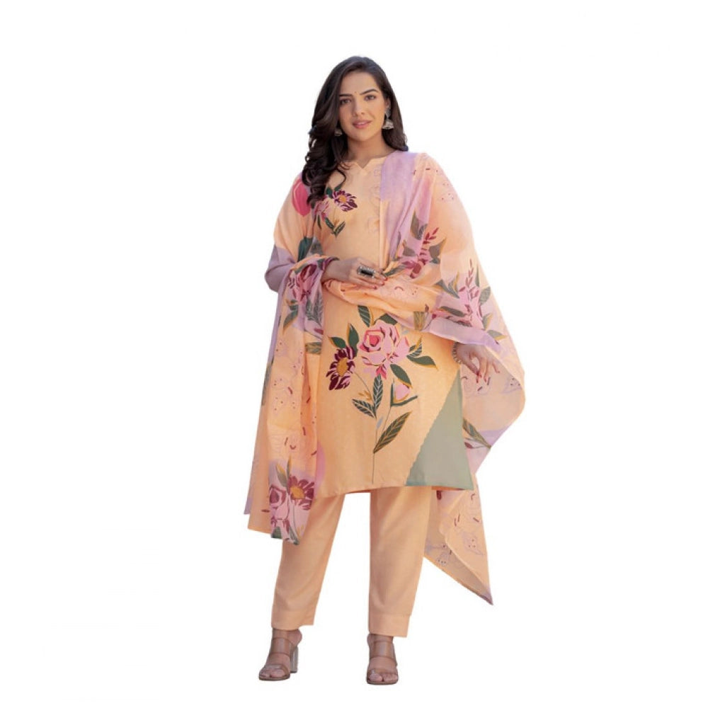 Orange cotton blend kurti pant dupatta set for women — front view