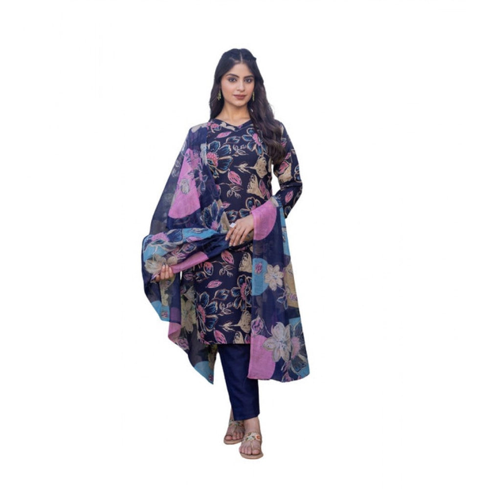 Navyblue cotton blend kurti pant dupatta set for women — front view