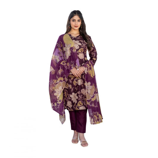Purple cotton blend kurti pant dupatta set for women — front view