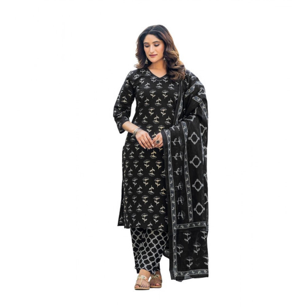 Black cotton blend kurti pant dupatta set for women — front view
