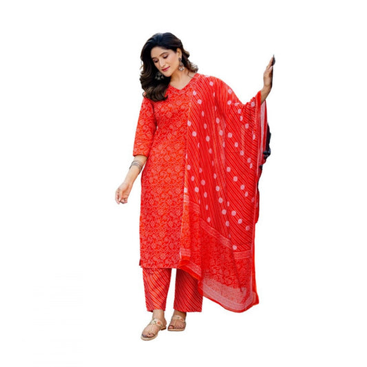 Orange cotton blend kurti pant dupatta set for women — front view
