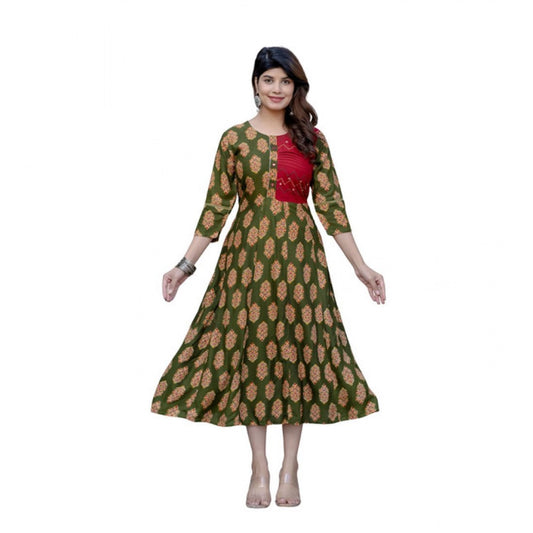 Dark Green rayon a-line kurti for women — front view