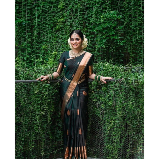 Women's Litchi silk Printed Saree With Unstitched Blouse (Green)