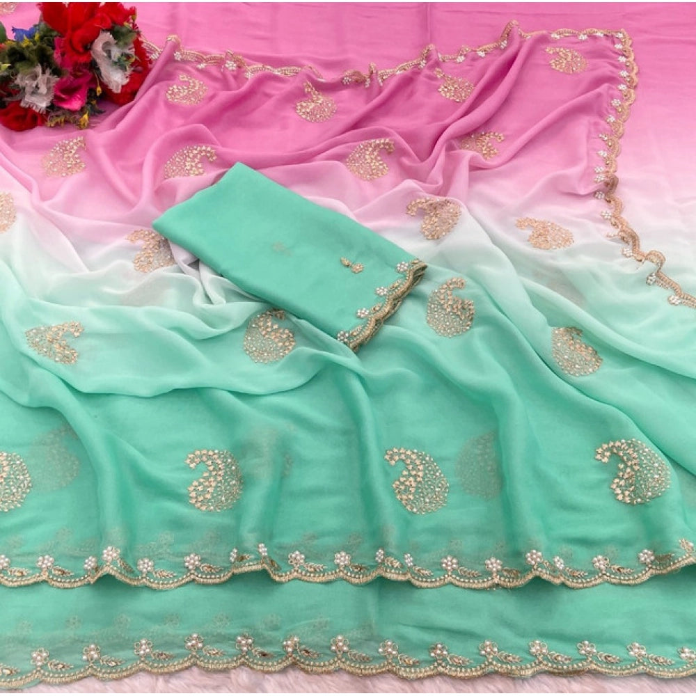 Women's Digital Printed  Geogette Saree With Unstitched Blouse (Light Green, 5-6 Mtrs)