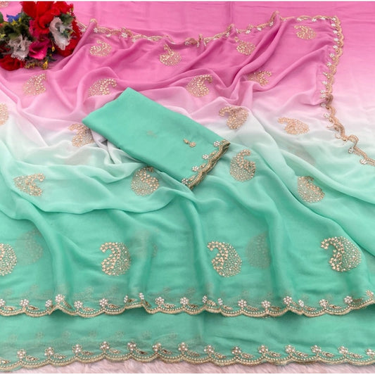 Women's Digital Printed  Geogette Saree With Unstitched Blouse (Light Green, 5-6 Mtrs)