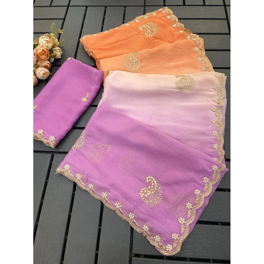 Women's Digital   Geogette Saree With Unstitched Blouse (Wine, 5-6 Mtrs)