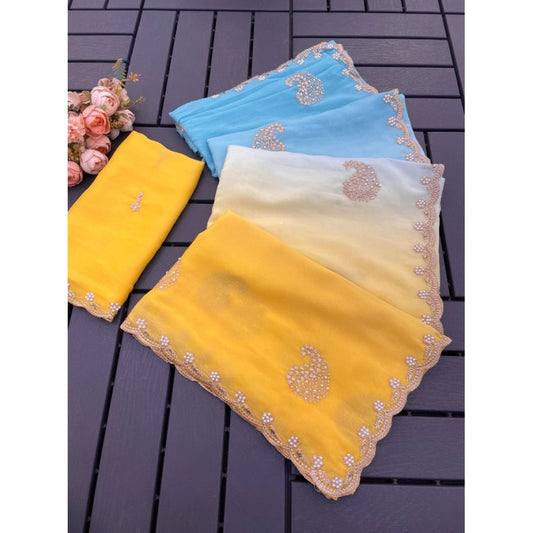Women's Digital   Geogette Saree With Unstitched Blouse (Yellow, 5-6 Mtrs)