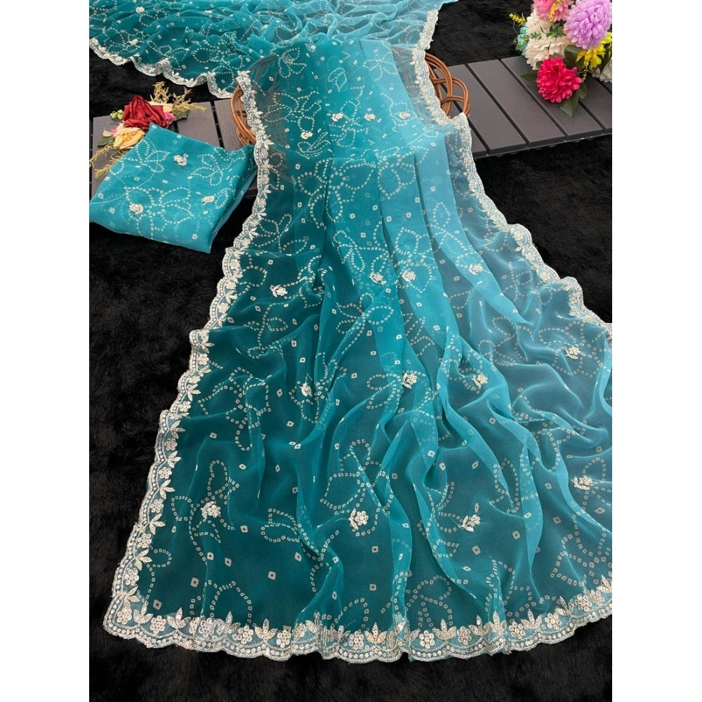 Women's Digital   Georgette Saree With Unstitched Blouse (Blue, 5-6 Mtrs)