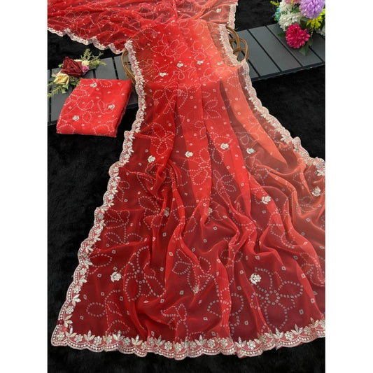 Women's Digital   Georgette Saree With Unstitched Blouse (Red, 5-6 Mtrs)