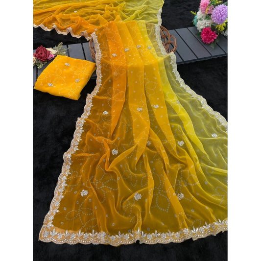 Women's Digital   Georgette Saree With Unstitched Blouse (Yellow, 5-6 Mtrs)