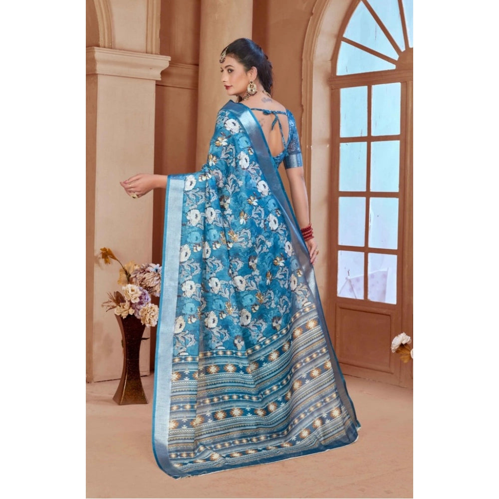 Women's Printed Cotton Linen Saree withPrinted  Saree With Unstitched Blouse (Blue, 5-6Mtrs)