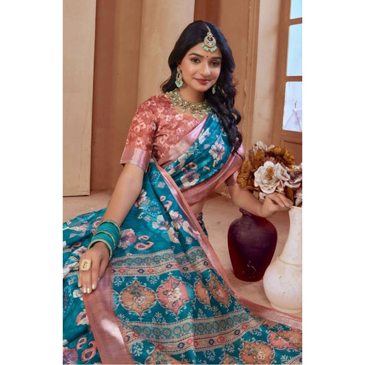 Women's Printed Cotton Linen Saree withPrinted Saree With Unstitched Blouse (Peacook Green, 5-6Mtrs)
