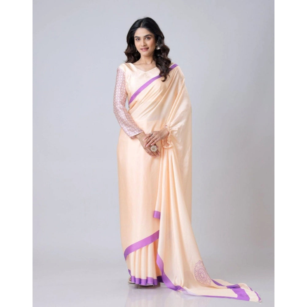Women's Soft Crepe Silk Printed Ready To Wear Saree With Unstitched Blouse 5.5Mtr (Beige)