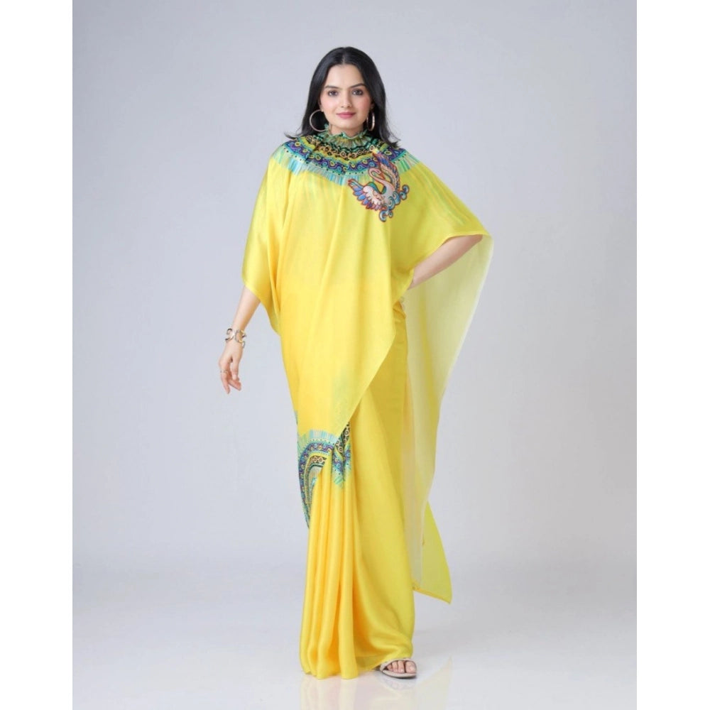 Women's Soft Crepe Silk Printed Ready To Wear Saree With Unstitched Blouse 5.5Mtr (Yellow)