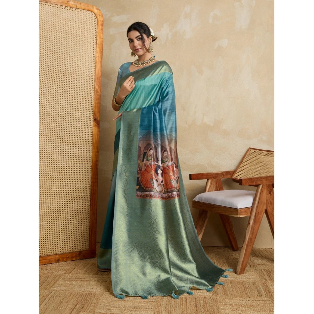 Women's Silk Printed Saree With Unstitched Blouse 5.5Mtr (Blue)