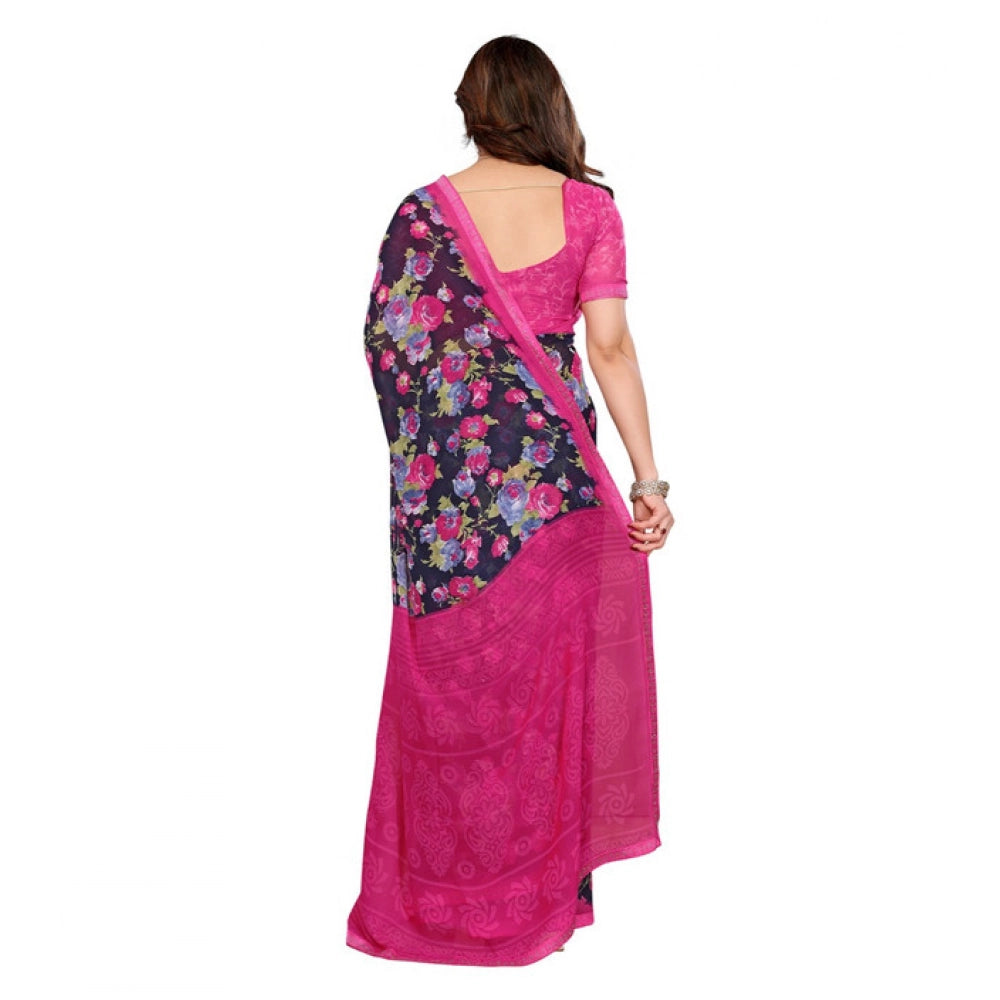 Women's Georgette Printed Saree With Unstitched Blouse 5.5Mtr (Blue)