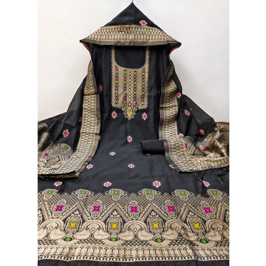 Women's Banarasi Silk Printed Unstitched Salwar Suit Material With Dupatta (Black, 3Mtrs)