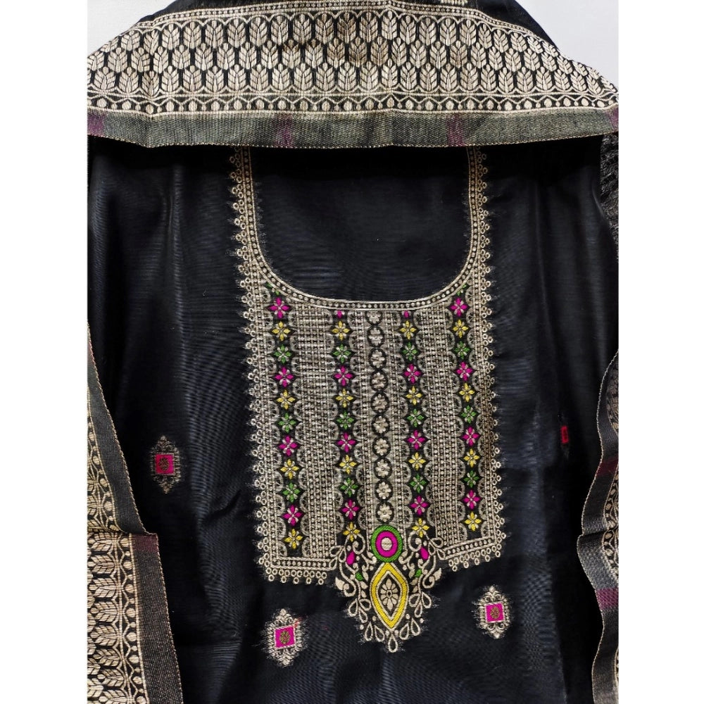 Black banarasi silk unstitched salwar suit material — kameez fabric detail