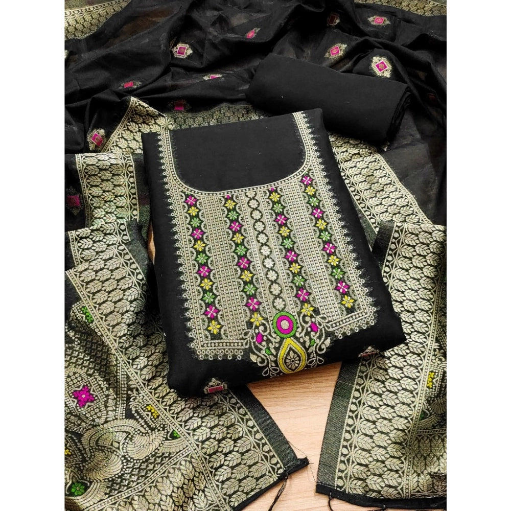 Black banarasi silk unstitched salwar suit material — dupatta view