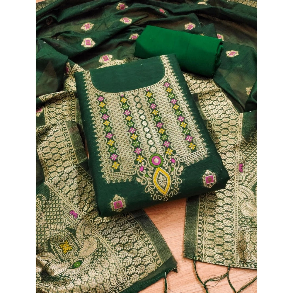 Bottle Green banarasi silk unstitched salwar suit material — full set view