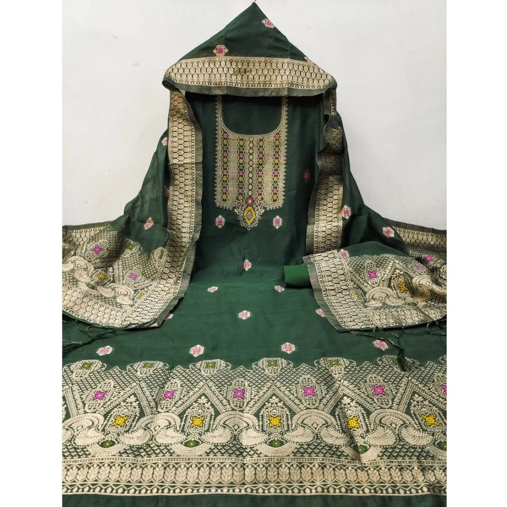 Bottle Green banarasi silk unstitched salwar suit material — kameez fabric detail