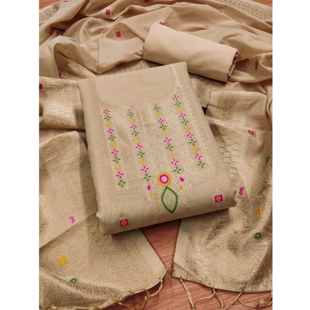 Cream banarasi silk unstitched salwar suit material — full set view