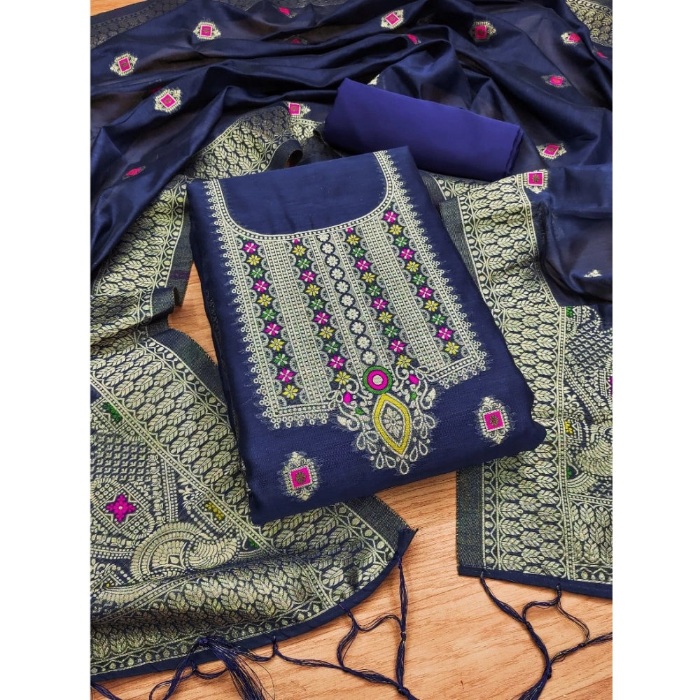 Navy Blue banarasi silk unstitched salwar suit material — full set view