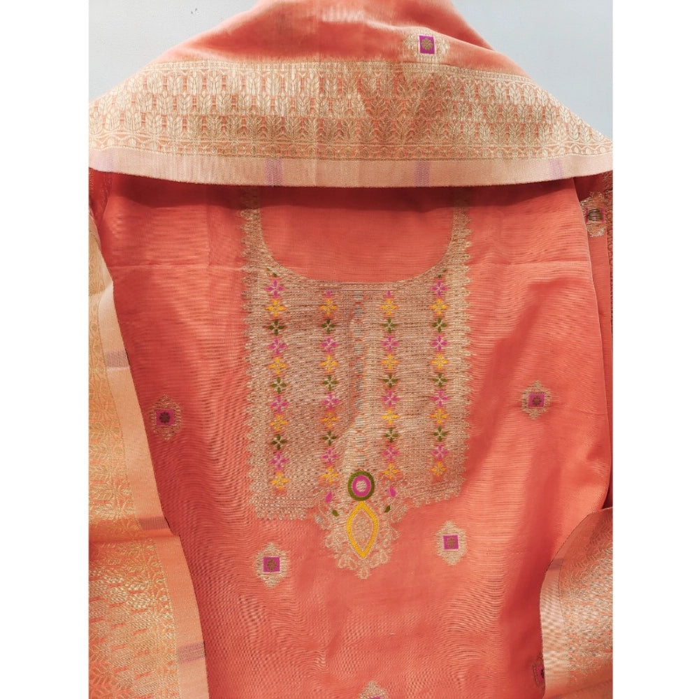 Peach banarasi silk unstitched salwar suit material — dupatta view