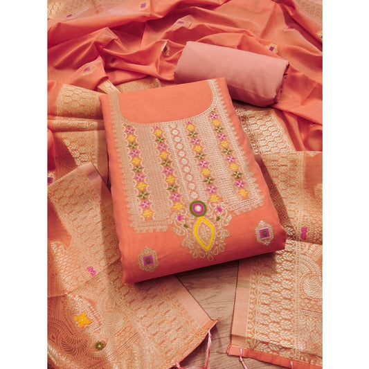 Peach banarasi silk unstitched salwar suit material — full set view