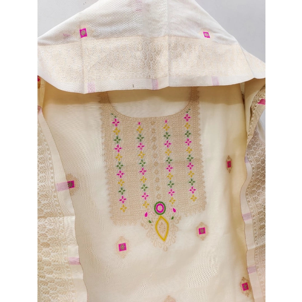 White banarasi silk unstitched salwar suit material — kameez fabric detail