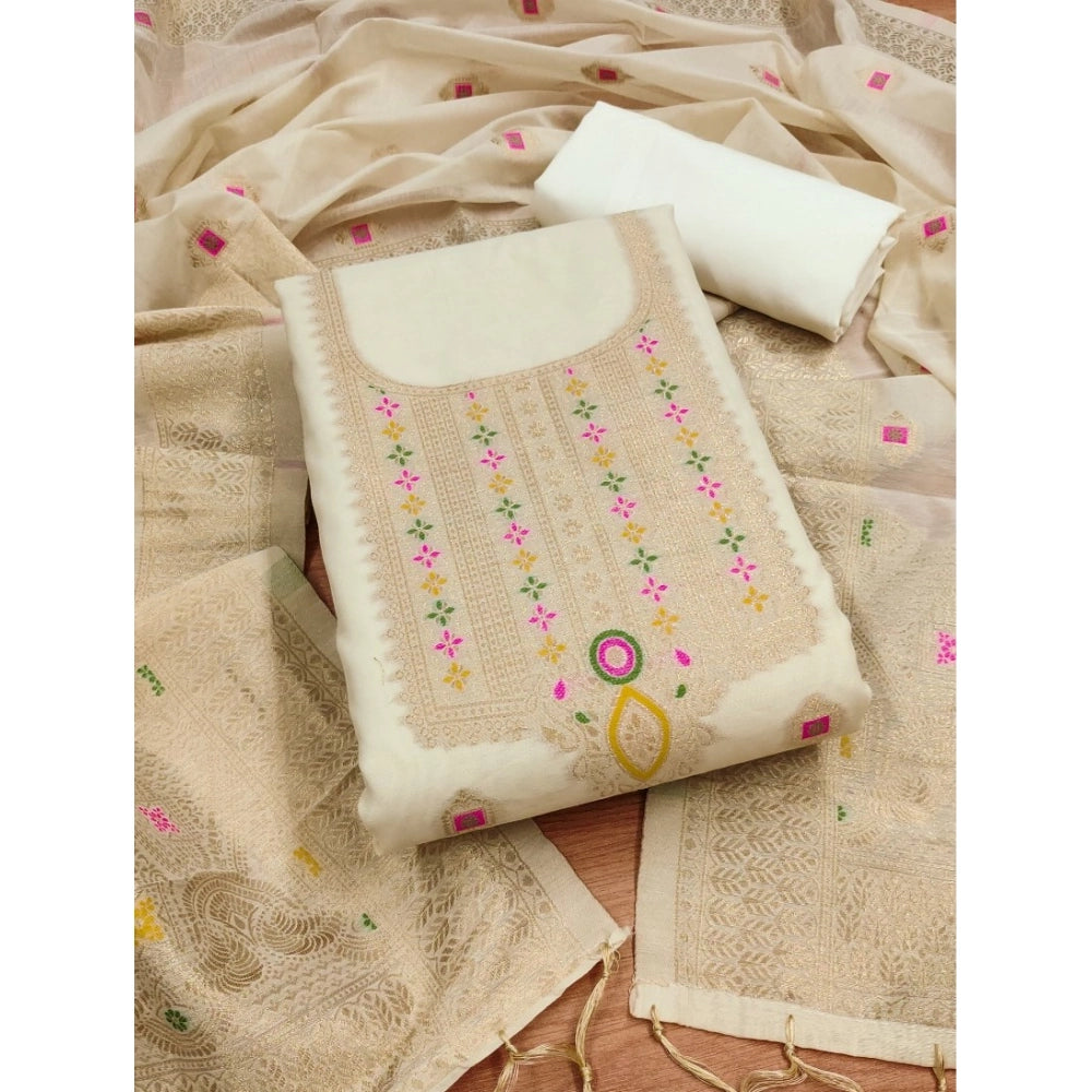 White banarasi silk unstitched salwar suit material — full set view