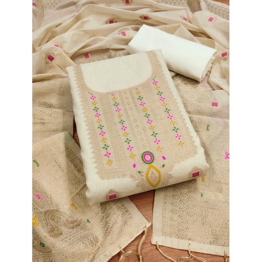 White banarasi silk unstitched salwar suit material — full set view