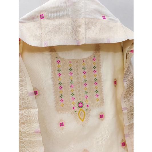 Women's Banarasi Silk Printed Unstitched Salwar Suit Material With Dupatta (White, 3Mtrs)