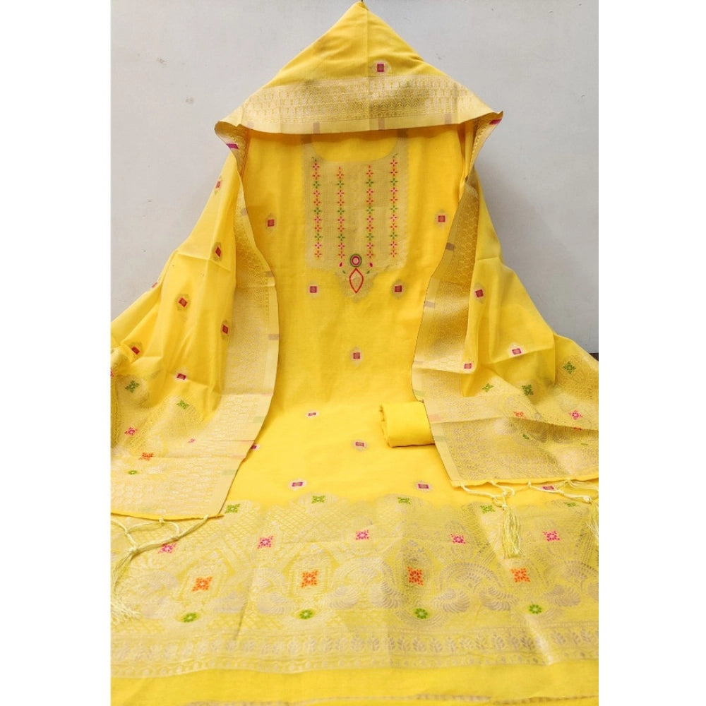 Yellow banarasi silk unstitched salwar suit material — dupatta view