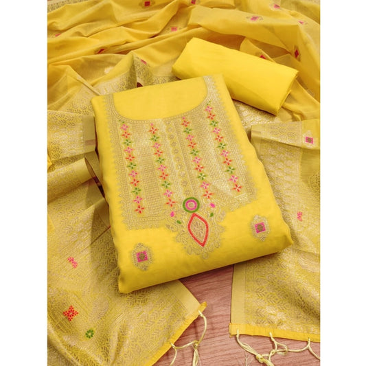 Yellow banarasi silk unstitched salwar suit material — full set view