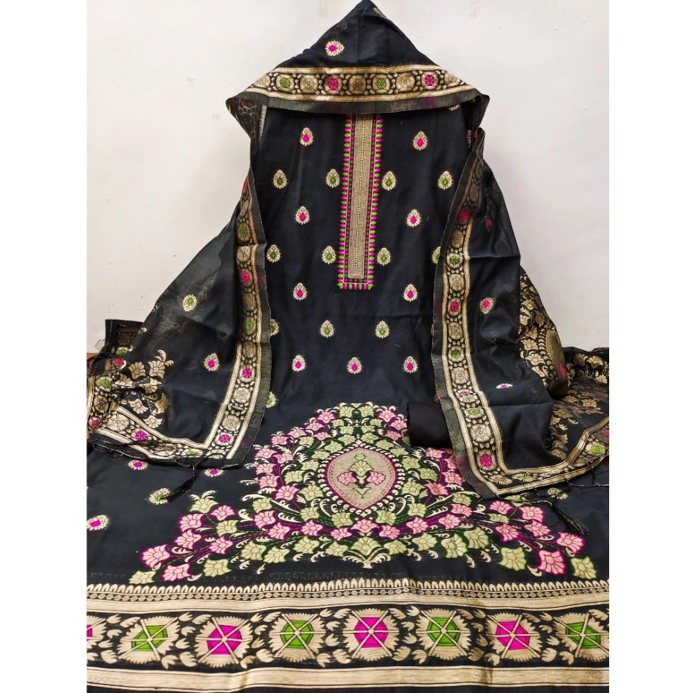 Black banarasi silk unstitched salwar suit material — kameez fabric detail
