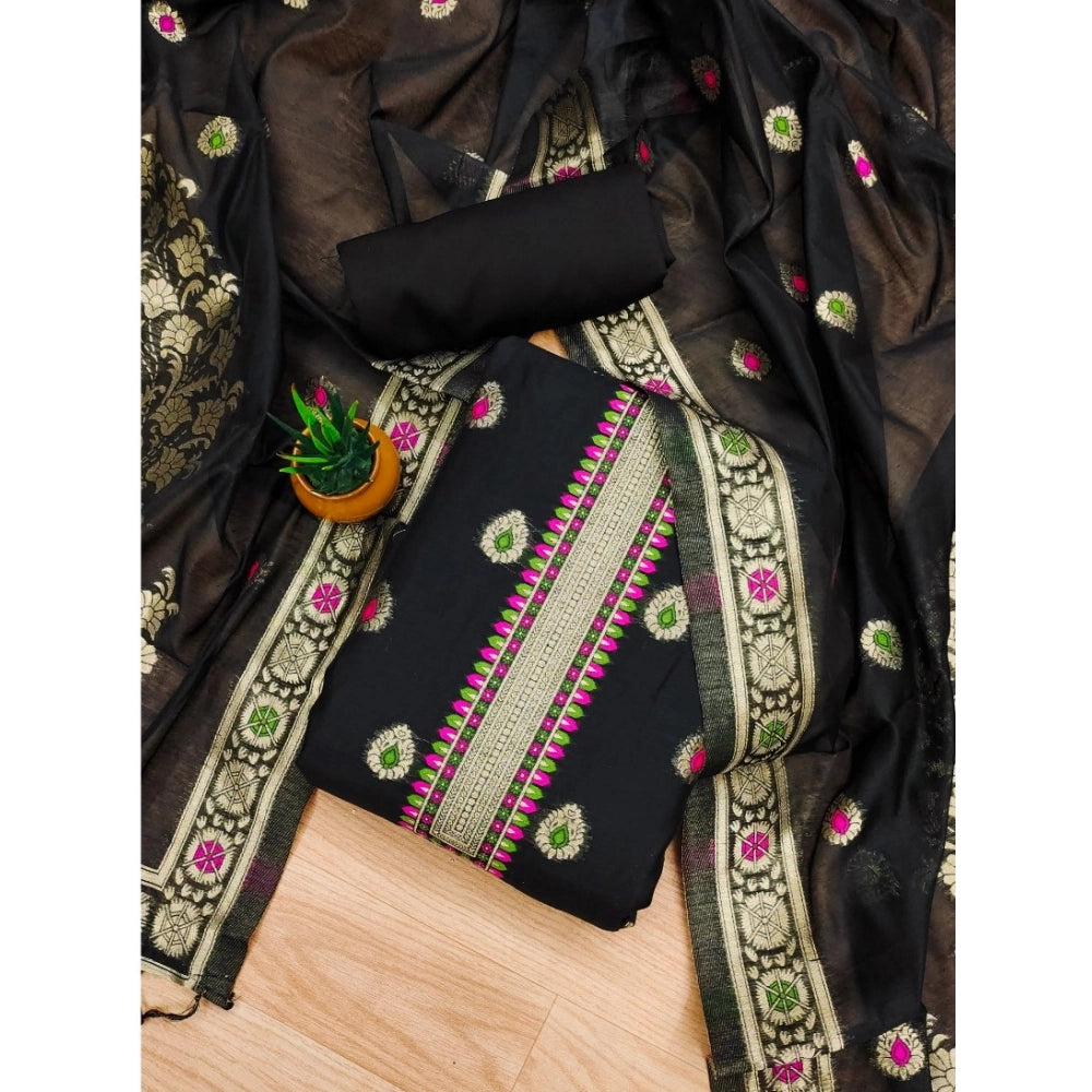 Black banarasi silk unstitched salwar suit material — full set view