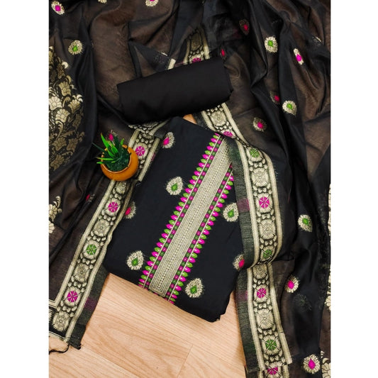 Black banarasi silk unstitched salwar suit material — full set view