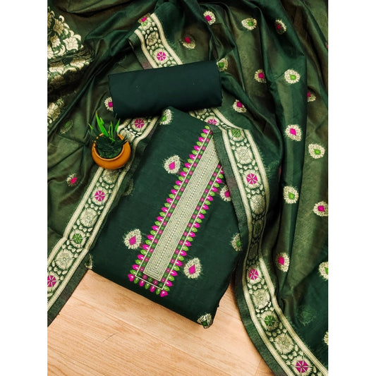 Bottle Green banarasi silk unstitched salwar suit material — full set view