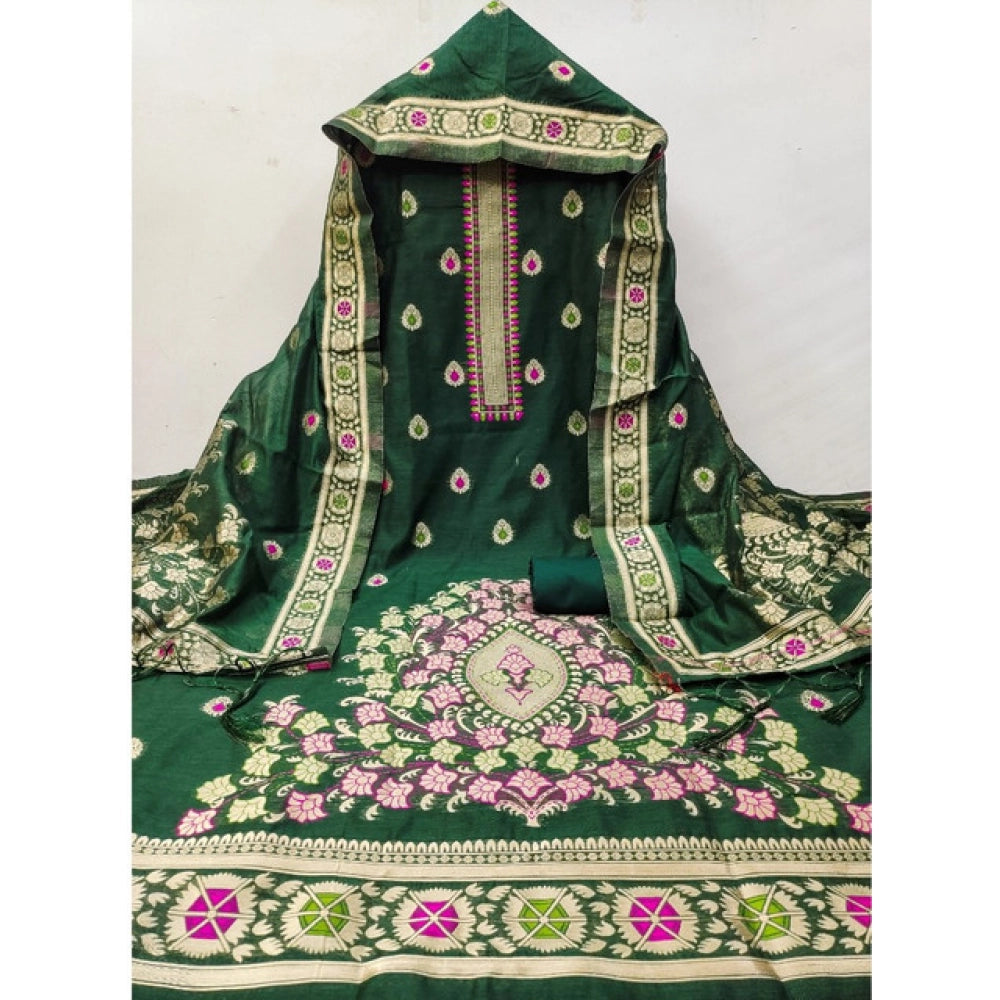 Bottle Green banarasi silk unstitched salwar suit material — kameez fabric detail