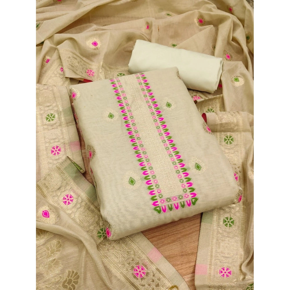 Cream banarasi silk unstitched salwar suit material — dupatta view