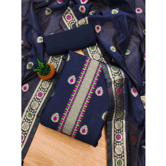 Navy Blue banarasi silk unstitched salwar suit material — full set view