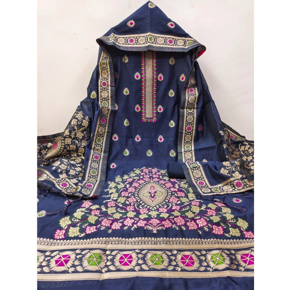 Navy Blue banarasi silk unstitched salwar suit material — kameez fabric detail