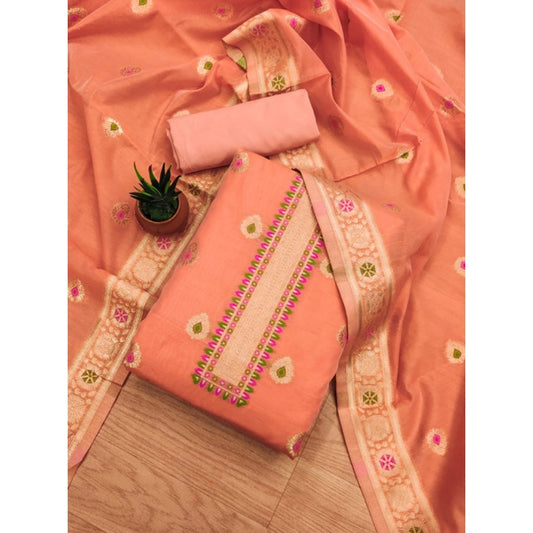 Peach banarasi silk unstitched salwar suit material — full set view