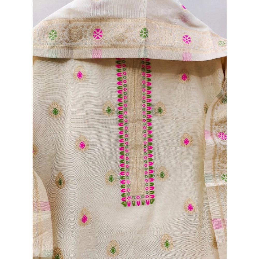 White banarasi silk unstitched salwar suit material — colour detail
