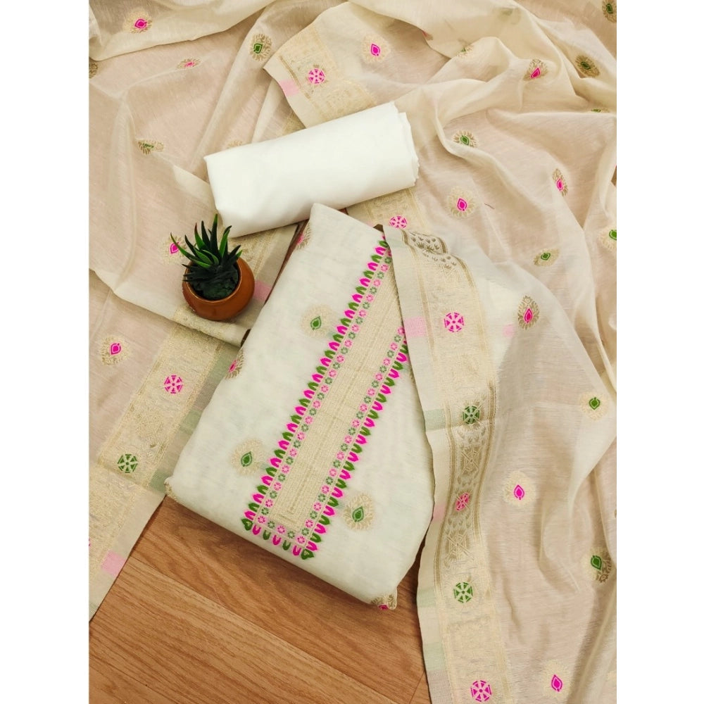 White banarasi silk unstitched salwar suit material — full set view